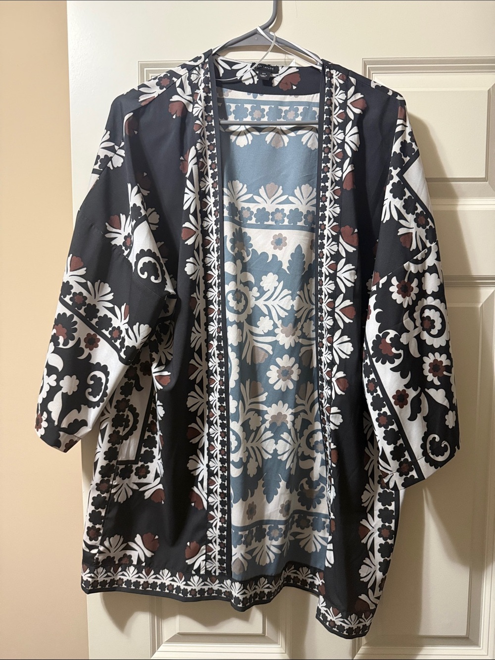 Ann Taylor Black Floral Kimono Cardigan with Blue and Brown Accents